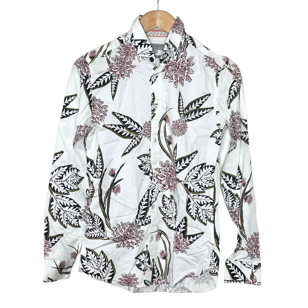 Ted Baker Notting Floral Print Long Sleeve Button Up Shirt White Mens XS